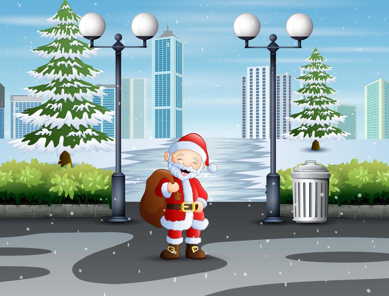 weihnachtsmann, der mit einer tüte voller geschenke durch den park geht vektor
