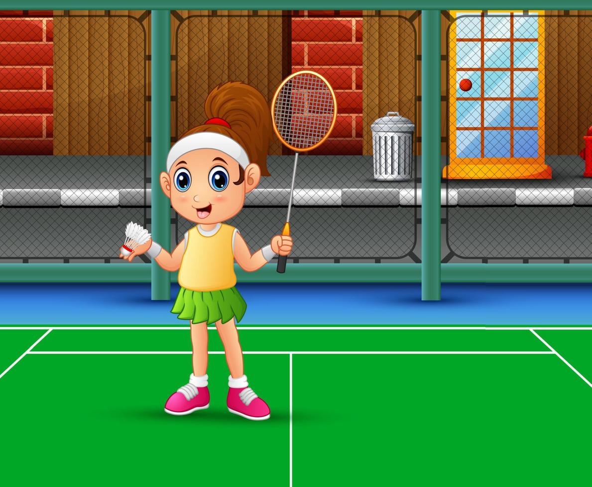 vacker flicka spelar badminton på domstolen vektor