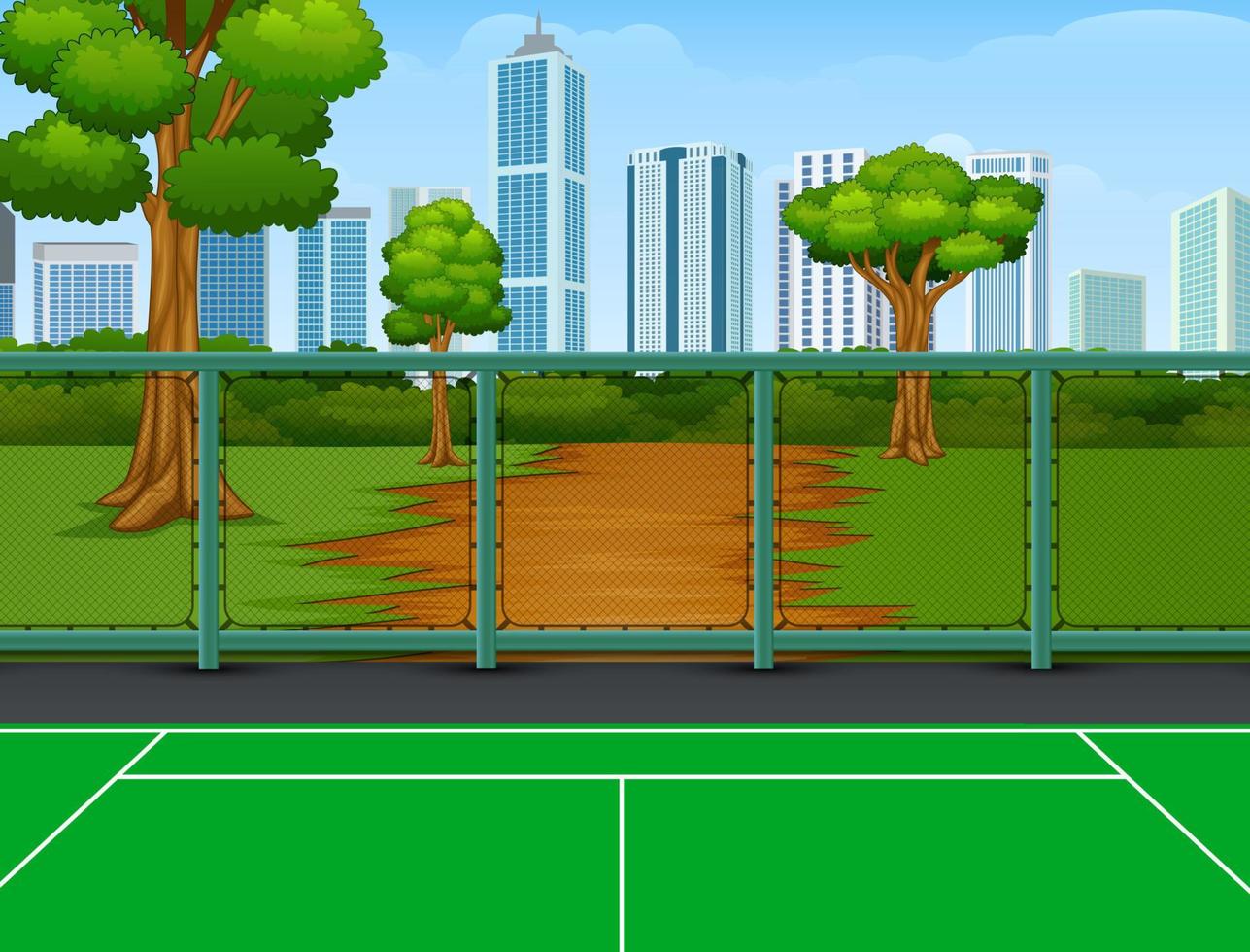 tennisbana i parken med stadsbakgrund vektor