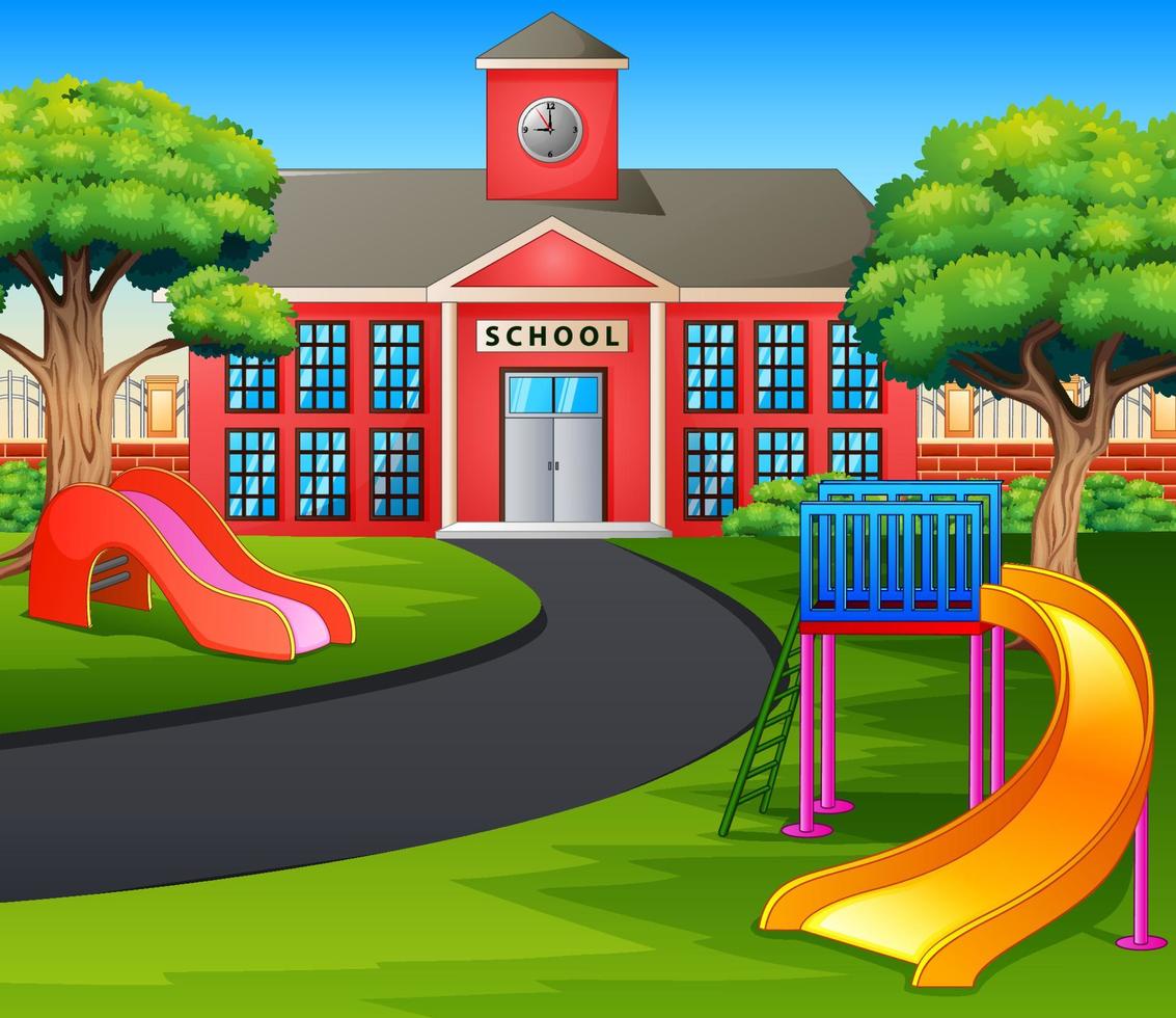 scen med skolbyggnad och lekplats vektor