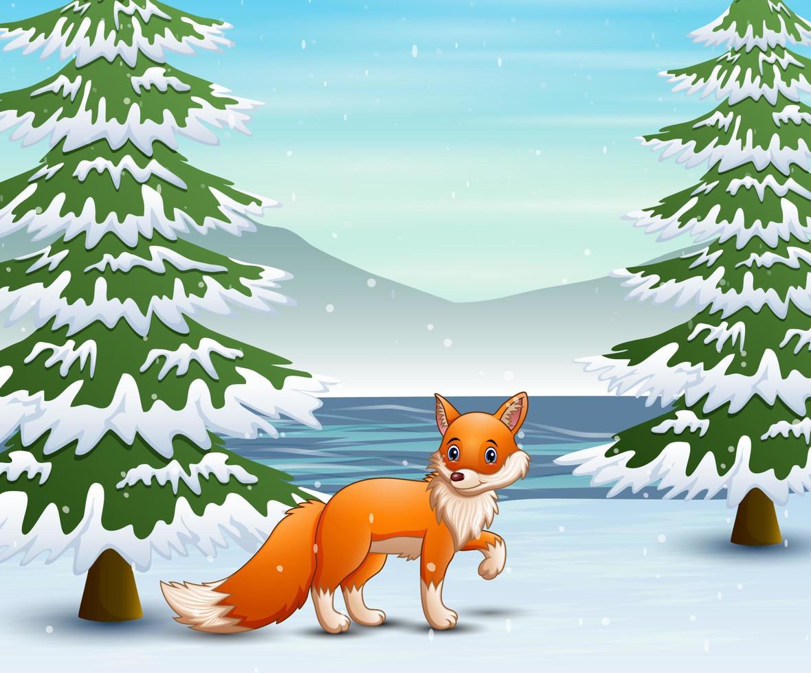 Fuchs im Winterwald jagt eine Beute vektor