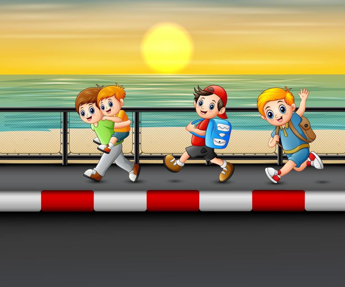 glada barn springer på vägen nära havet vektor