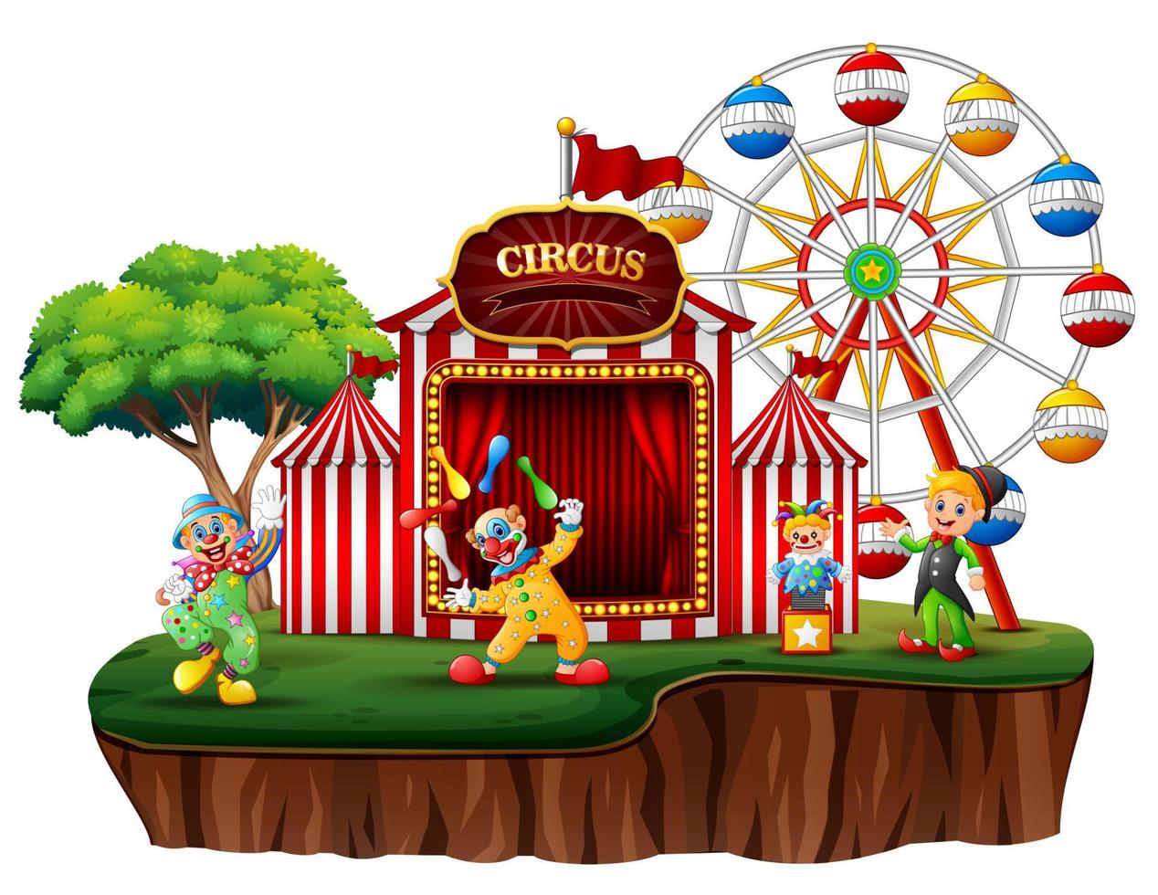 tecknade clowner på en ö med en karneval vektor