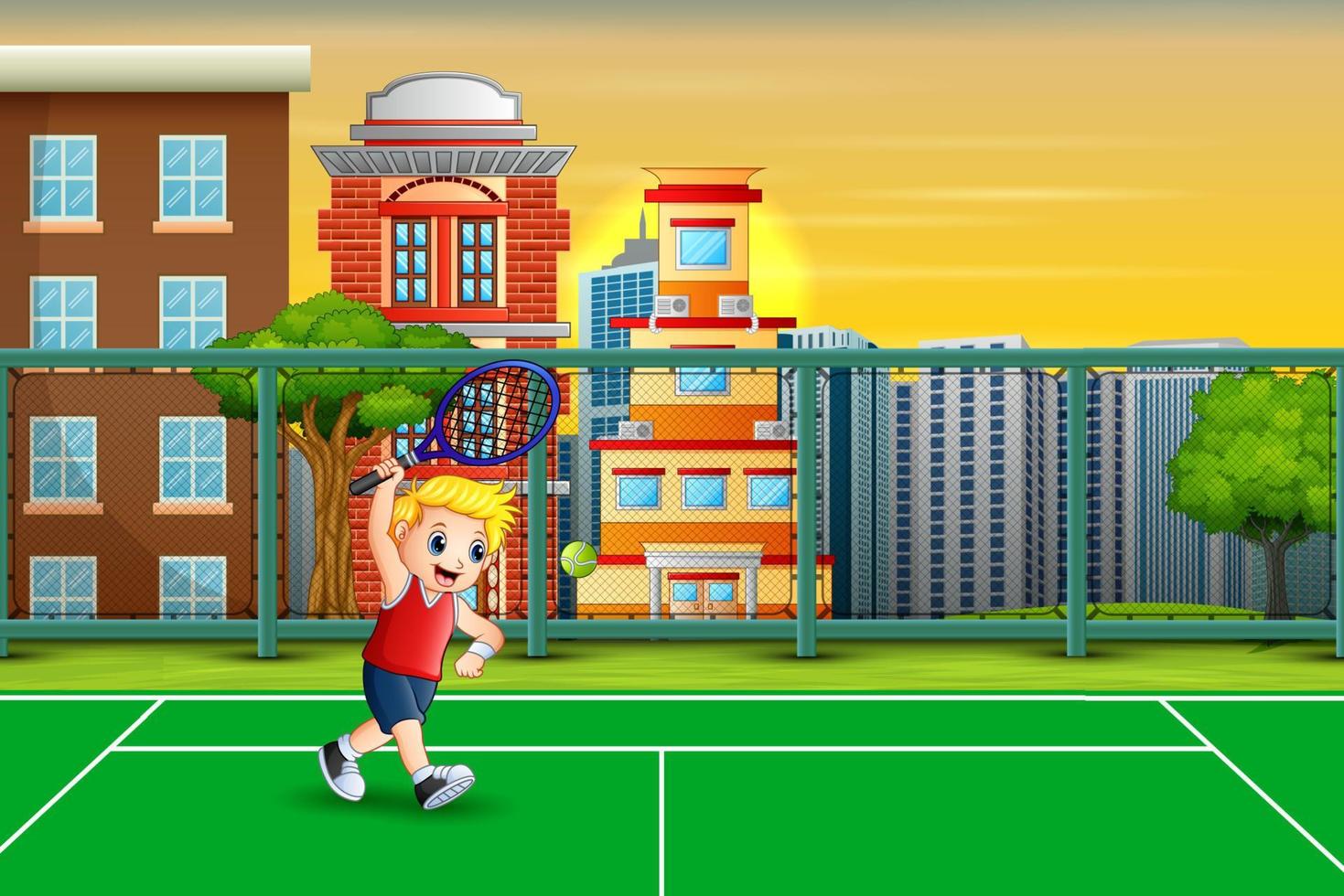 Cartoon ein Junge spielt Tennis auf dem Platz vektor