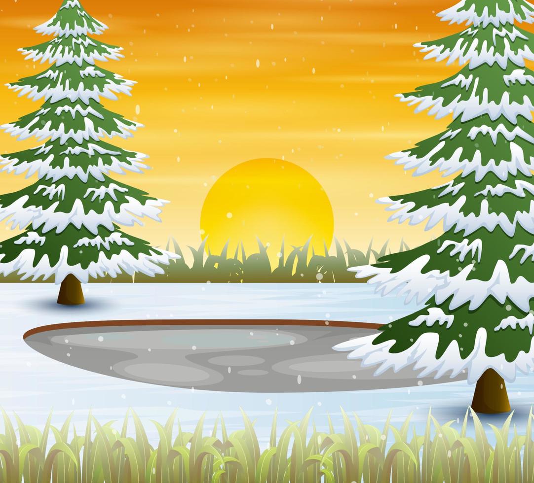 Wintersaison mit schneebedeckten Bäumen bei Sonnenaufgang oder Sonnenuntergang vektor