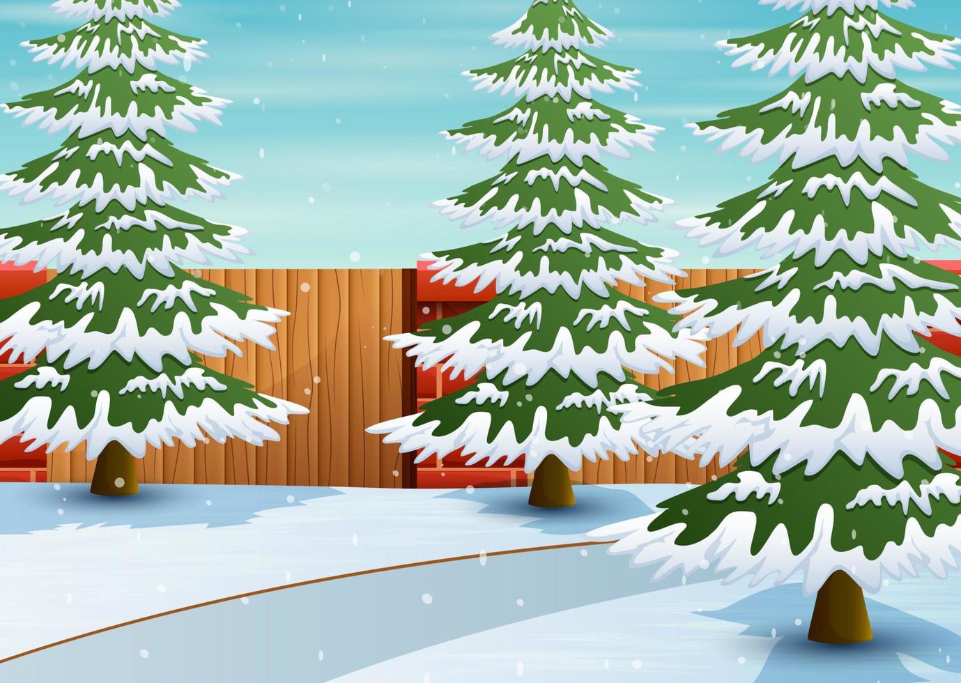 tegel staket med vit fallande snö och tallskog bakgrund vektor