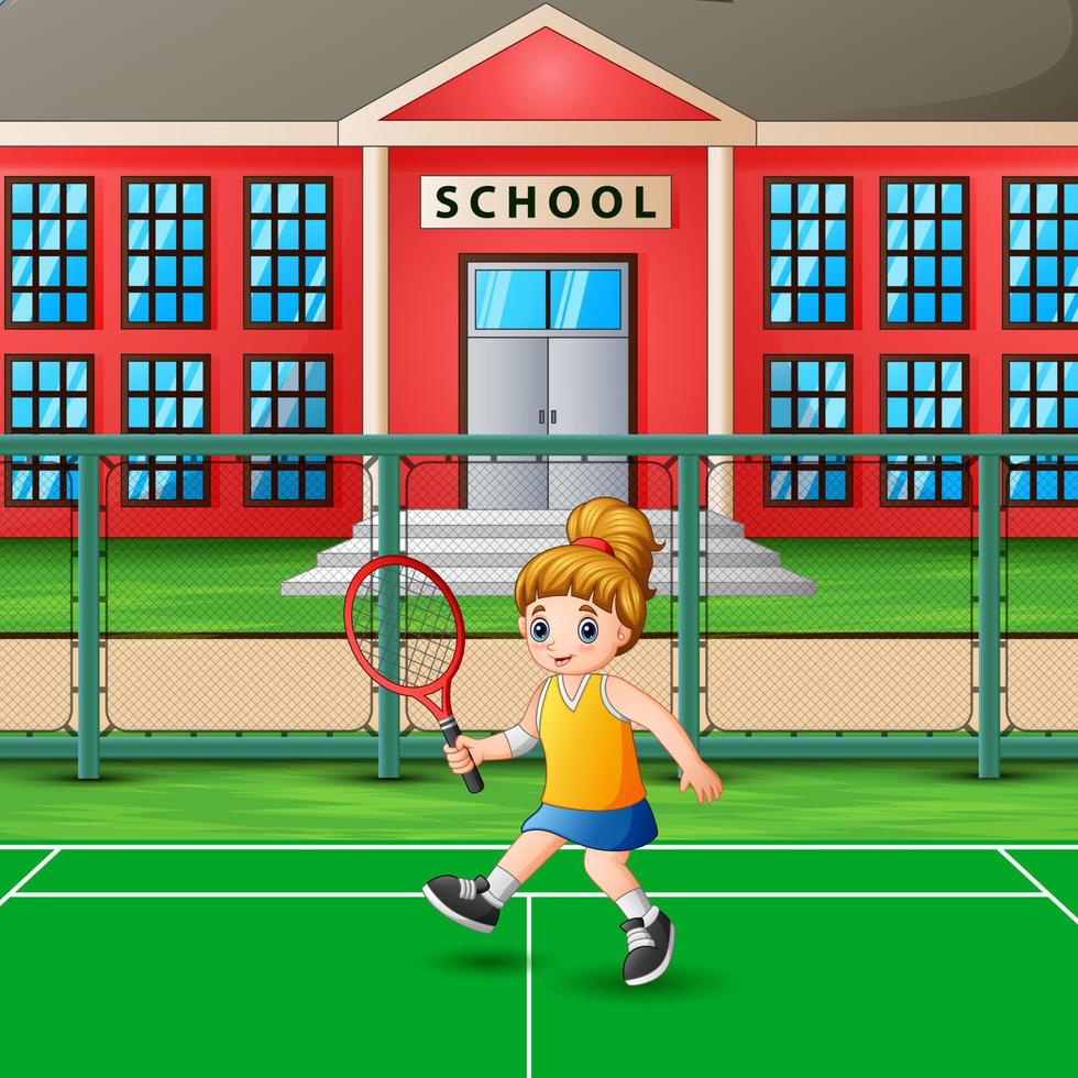 med tjej som spelar tennis på skolplan vektor