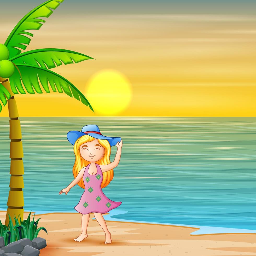 schöne Frau im blauen Hut, die Spaß am Strand hat vektor