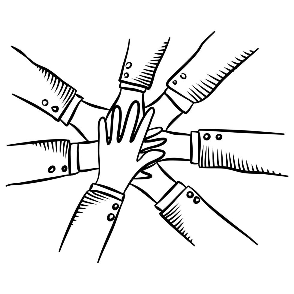 hand gezeichnete hände verschiedener gruppen von menschen, die sich zusammensetzen. gekritzelvektorillustration. vektor
