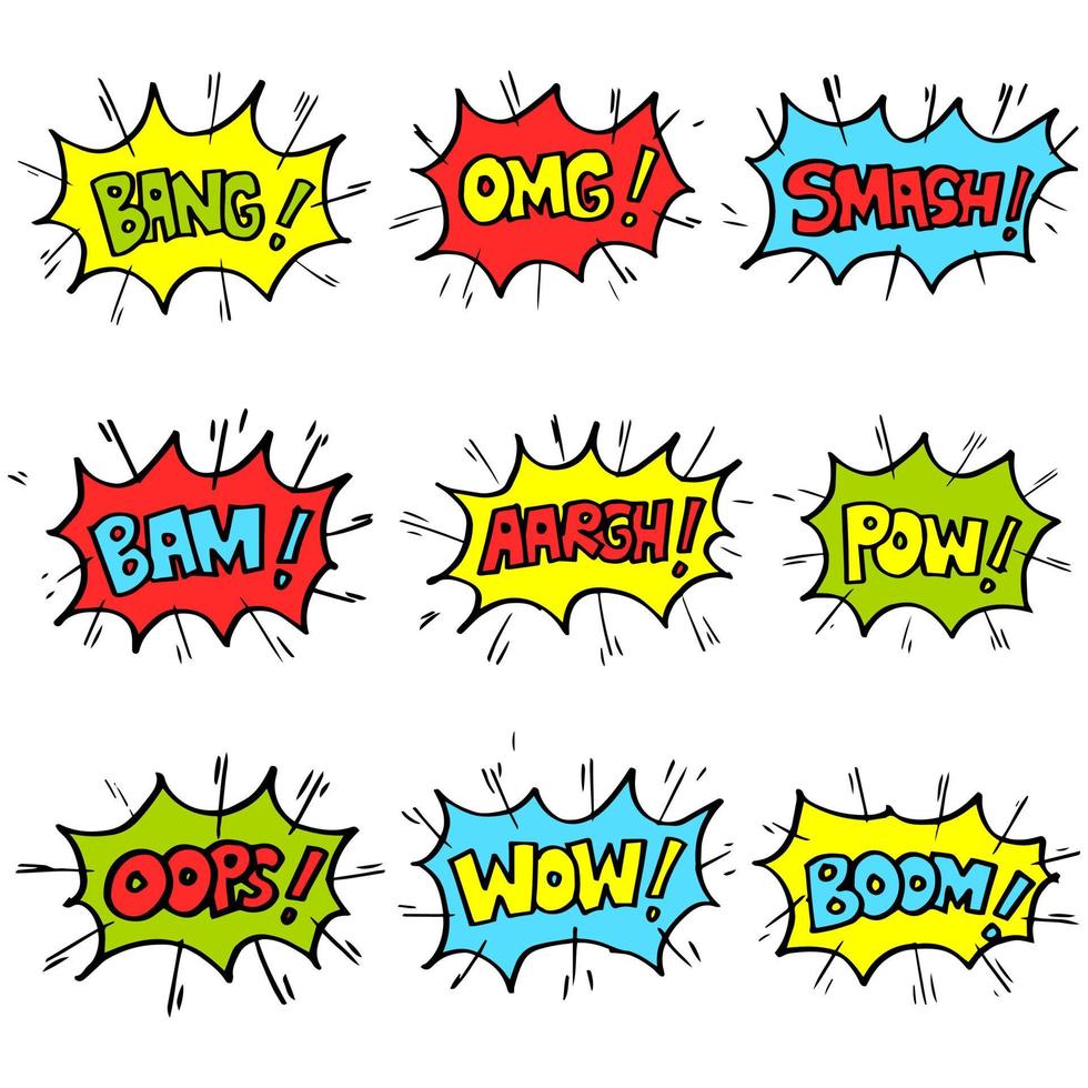 uppsättning av handritade komiska pratbubblor med känslor och text. vektor doodle komisk explosion tecknade illustrationer isolerade för affischer, banderoller, webb och konceptdesign.