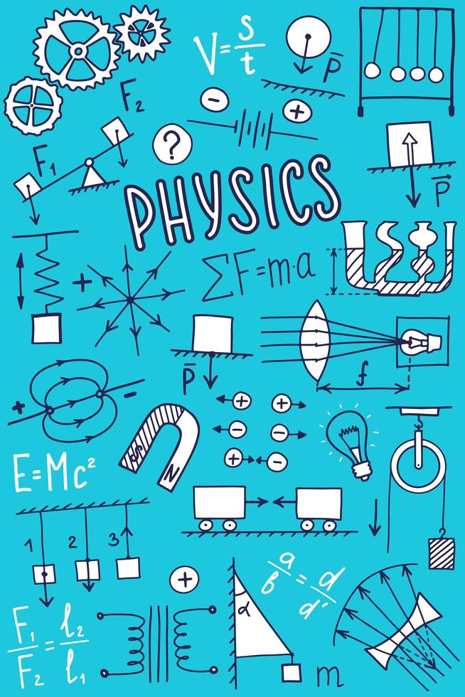 phisics symboler Ikonuppsättning. vetenskapsämne doodle design. utbildning och studie koncept. tillbaka till skolan skissartad bakgrund för anteckningsbok, inte block, skissbok. vektor