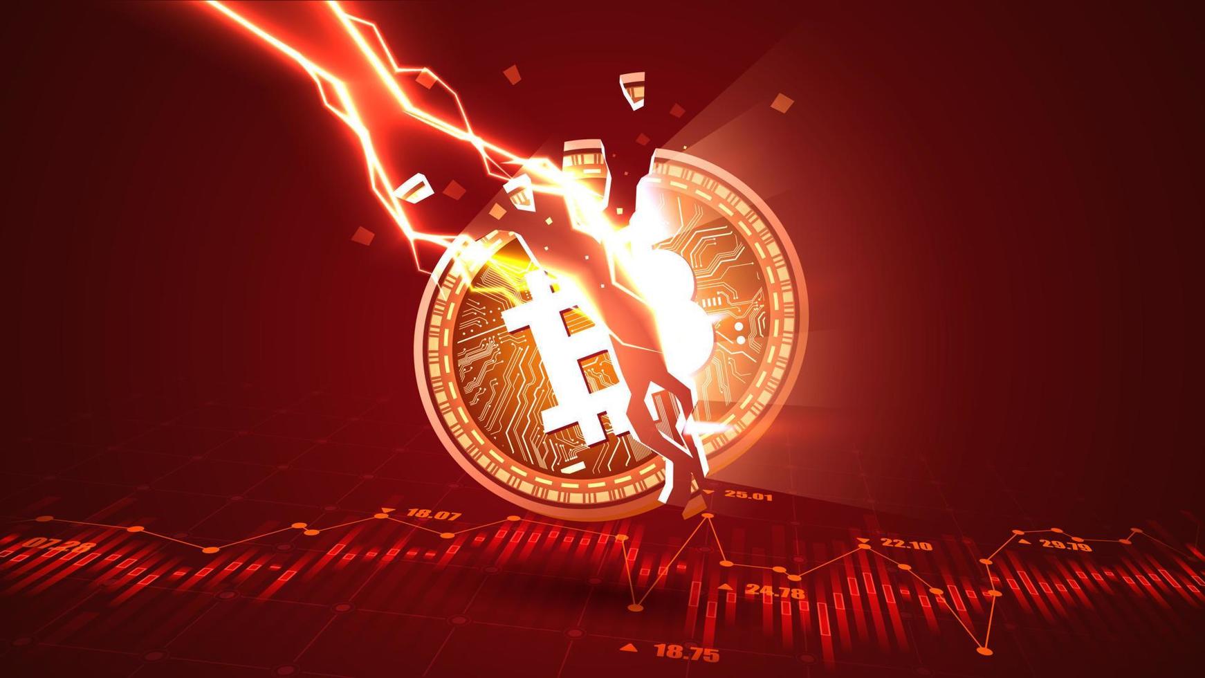 Bitcoin Risse durch Blitzschlag repräsentieren den Abwärtstrend des Bitcoin-Konzepts vektor