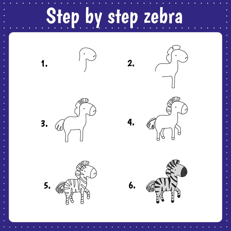 Zeichenunterricht für Kinder. wie zeichne ein zebra. Zeichentutorial für Kinder. Schritt für Schritt wiederholt sich das Bild. Kunstseite für Kinderaktivitäten für ein Buch. Vektor-Illustration. vektor