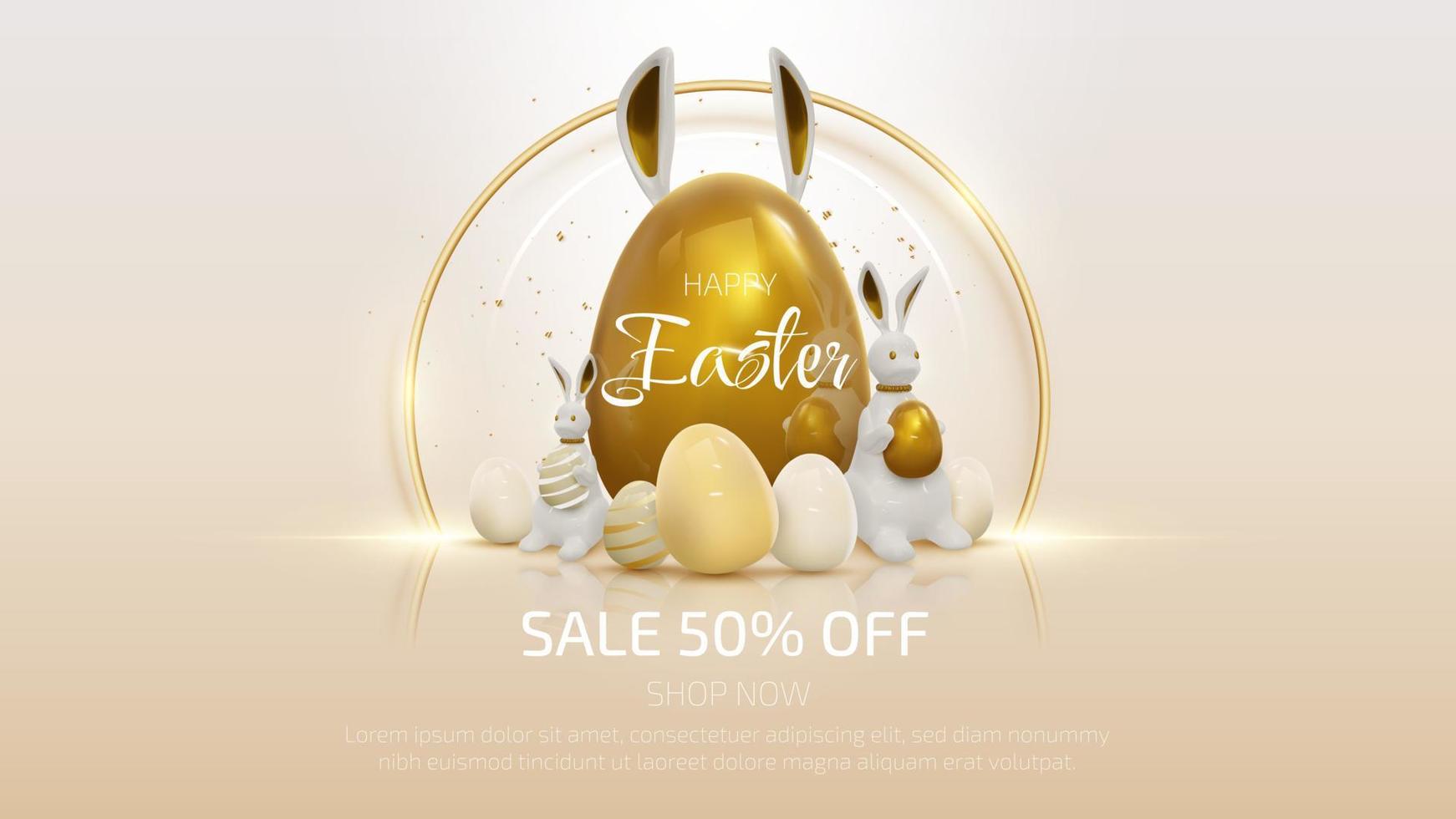 realistisches 3d-kaninchen mit goldenen eielementen osterns mit banddekorationen. vektor