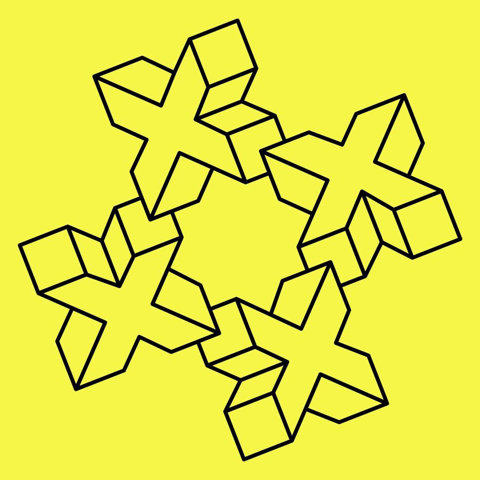 Vektor der optischen Täuschung. vektorillustration lokalisiert auf gelb. heilige Geometrie. schwarze Linien auf gelbem Grund.