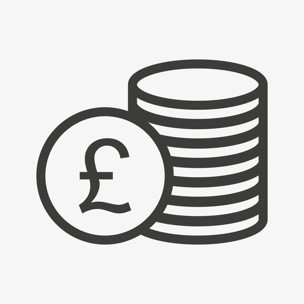pund ikon. pengar kontur vektor illustration. hög med mynt ikonen isolerad på vit bakgrund. staplade kontanter. brittisk valutasymbol