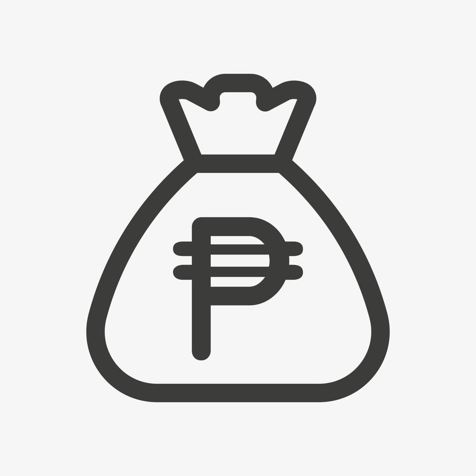 filippinska peso ikon. säck med kontanter isolerad på vit bakgrund. pengar påse disposition ikon vektor piktogram. filippinsk valutasymbol