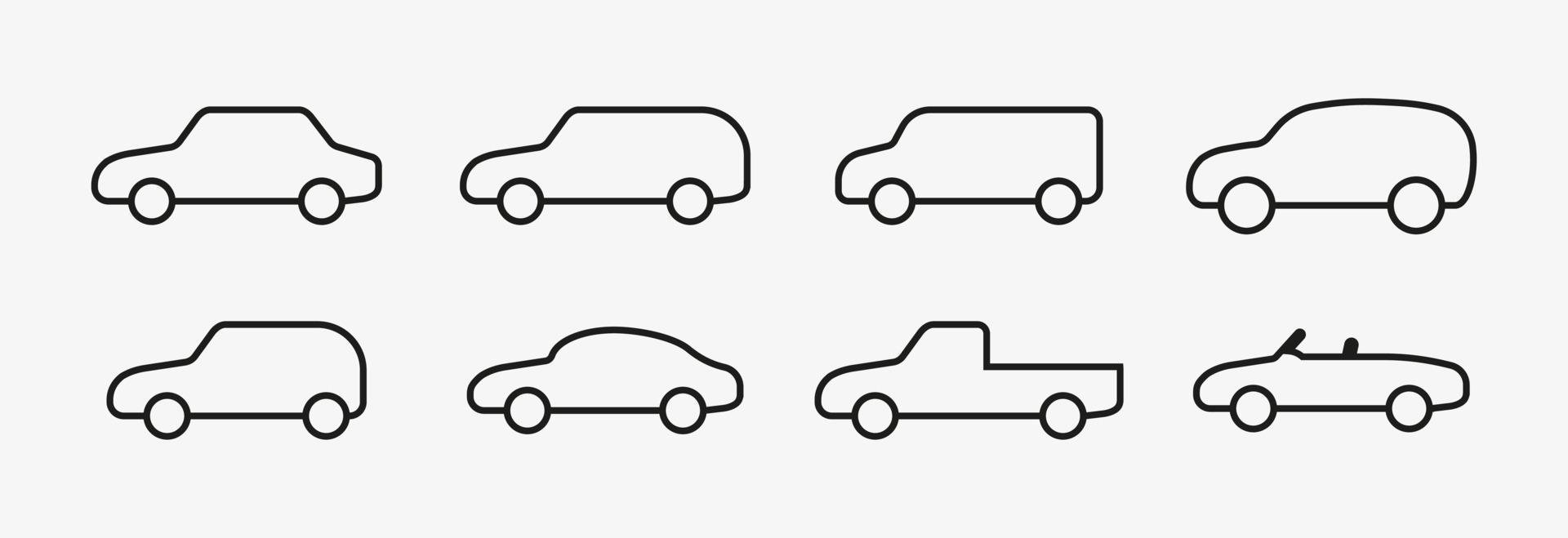 bil varianter vektor ikoner. bilkroppstyper kontur vektorsymboler isolerad på vit bakgrund. bil linje ikonuppsättning. sedan, kombi, vagn, mpv, minivan, suv, halvkombi, coupe, pickup, cabrio