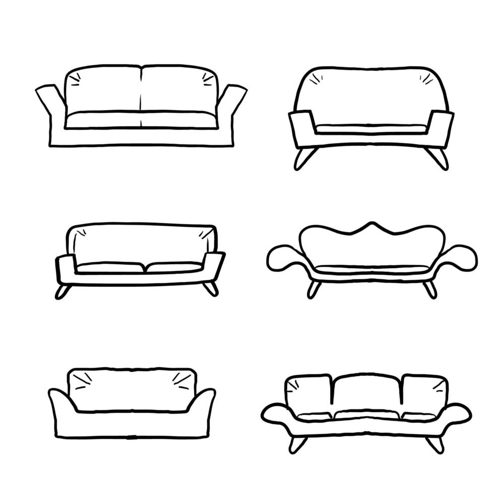 handgezeichnete bequeme sofas. Luxuscouch für Wohnung, Komfortsofamodelle und moderne Haussofas. heimische couchmöbel, gemütliche luxus-modesofas. gekritzel-cartoon-linie vektor