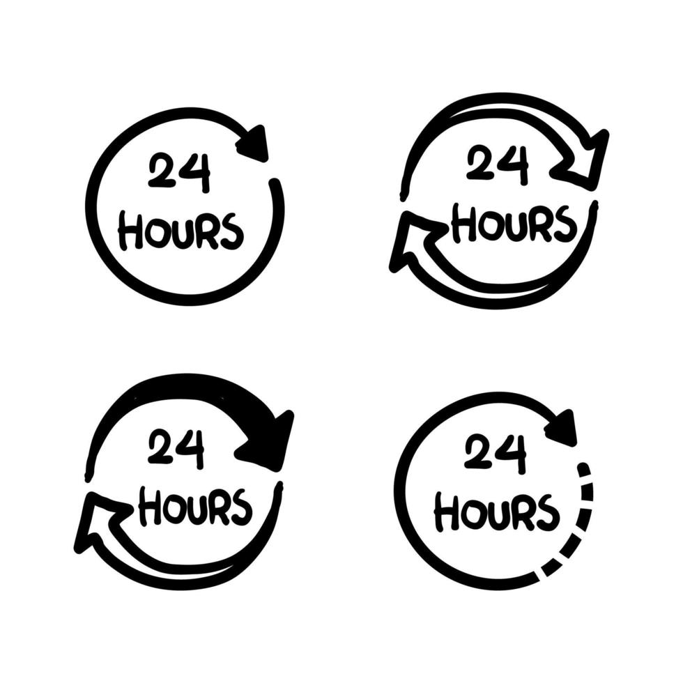 24 timmars klocka tecken ikon i handritad stil. tjugofyra timmars öppen vektorillustration.tidtabell affärsidé. klotter vektor