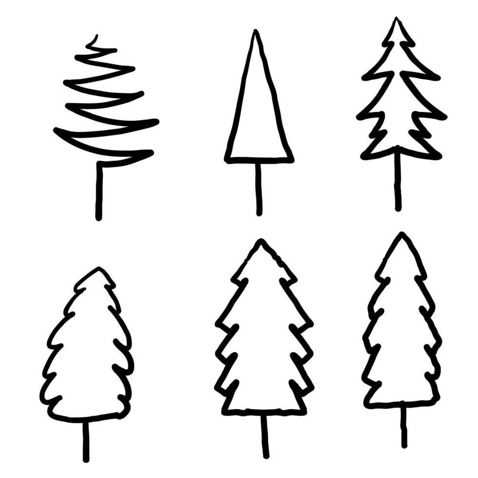 Reihe von handgezeichneten Weihnachtsbäumen. Sammlung von schwarzen und weißen Weihnachtsbäumen. gekritzel-karikatur vektor