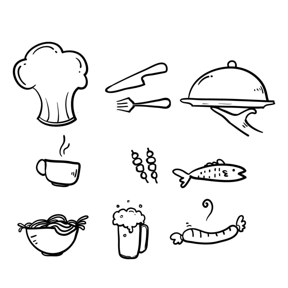 handritad mat och dryck ikon. restaurang linje ikoner set. vektor illustration.doodle skiss