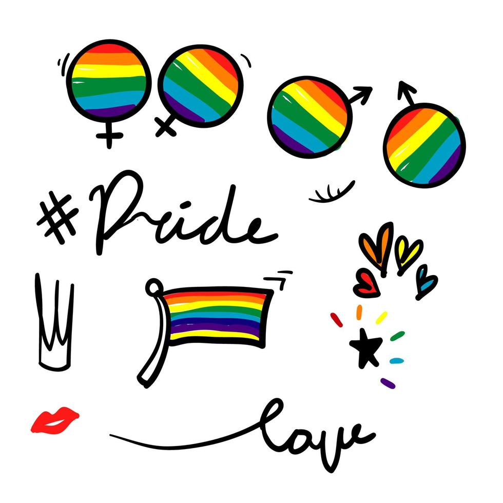 handritad stolthet, kärlek, med regnbågssymbol för gay slogan och hbt-rättigheter. doodle vektor