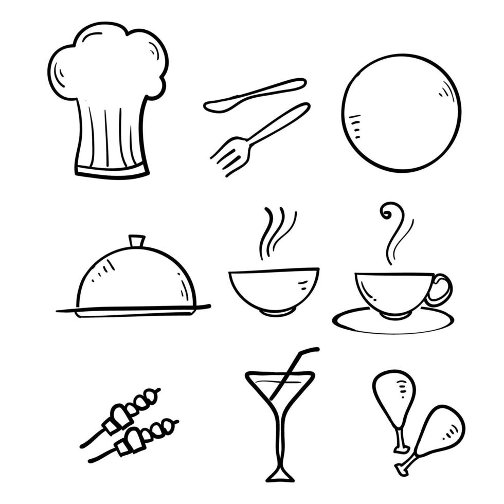 hand gezeichnete lebensmittel- und getränkeikone. Symbole für die Restaurantzeile festgelegt. Vektorillustration. Gekritzelskizze vektor