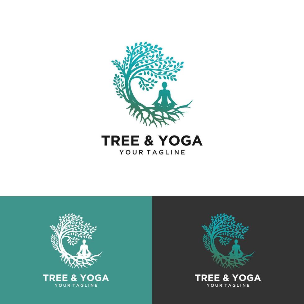 Baum Yoga-Logo. Silhouette einer Person in Meditation in einem runden Rahmen. das Bild der Natur, der Baum des Lebens. Design des Emblems des Stammes, der Blätter, der Krone und der Wurzeln des tree.yoga-Logovektors, vektor