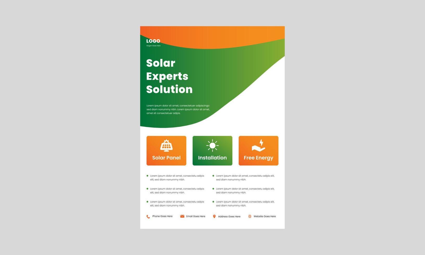 Solarenergie Go Green Save Energy Flyer Design-Vorlage. Solarsysteme für Ihr Zuhause und Ihr Geschäft Poster, Prospektdesign. vektor