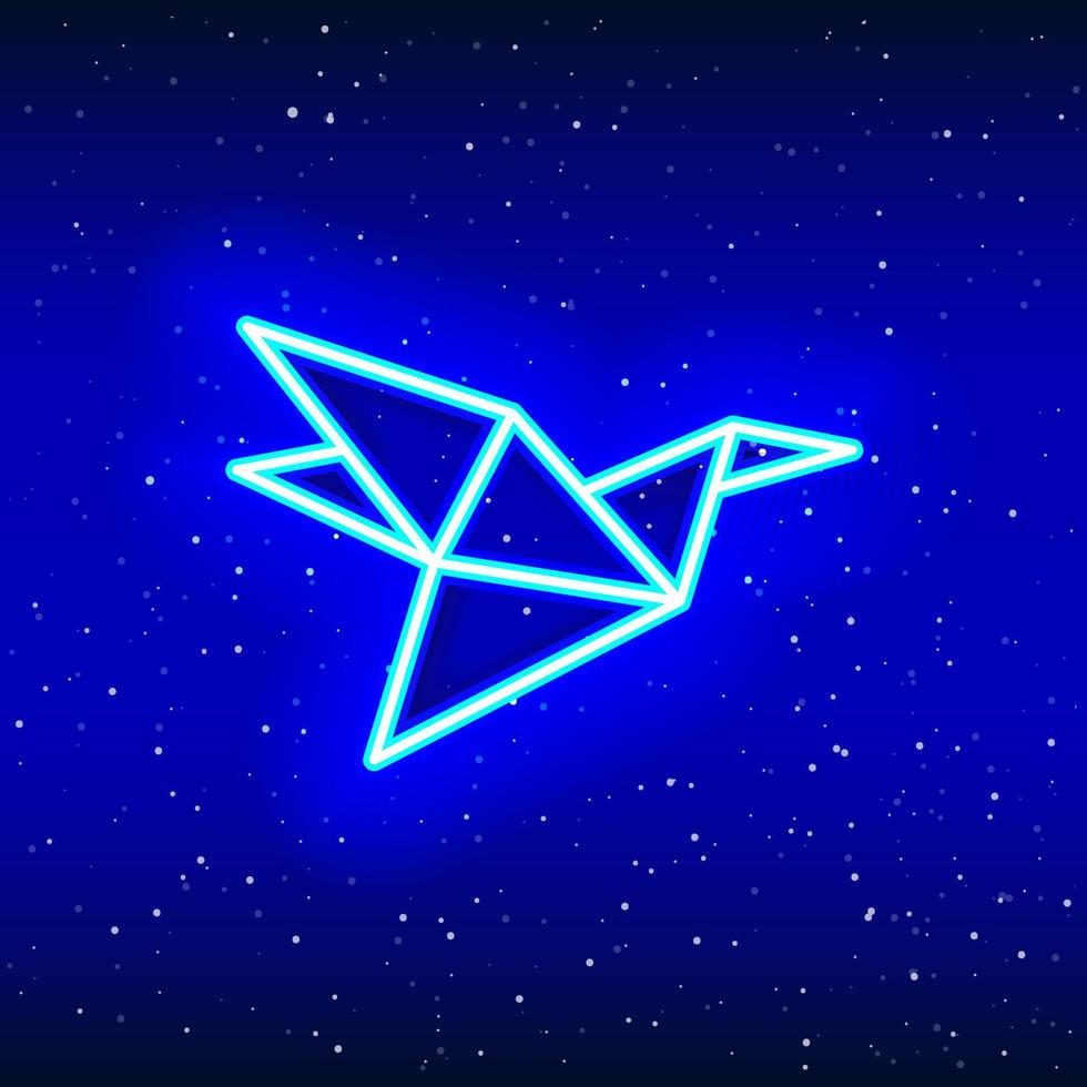 Neonblaues Origami-Vogel-Symbol. Mitternachtsblau. die Kunst des Faltens. Neon fliegender Vogelentwurf. realistische neonikone. lineares Symbol auf weißem Hintergrund. vektor