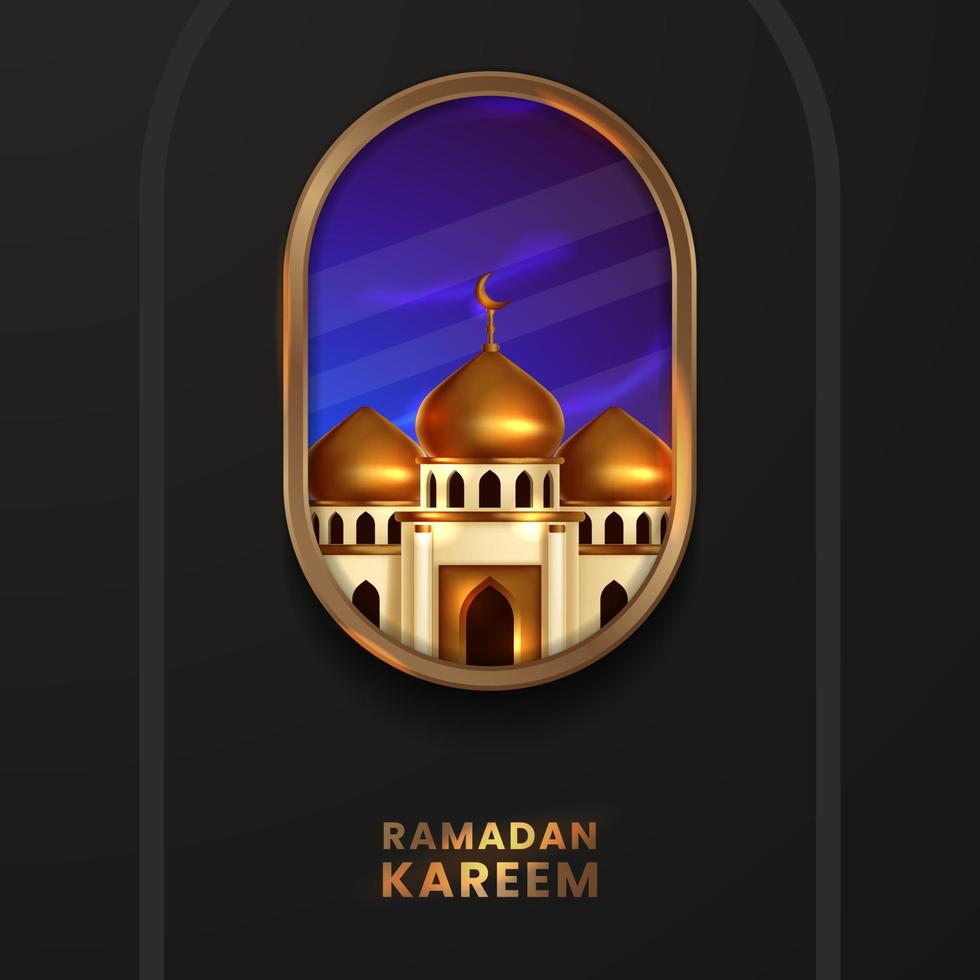 dörrfönstermoské med ökennaturlandskap arabiskt landskap för ramadan kareem vektor