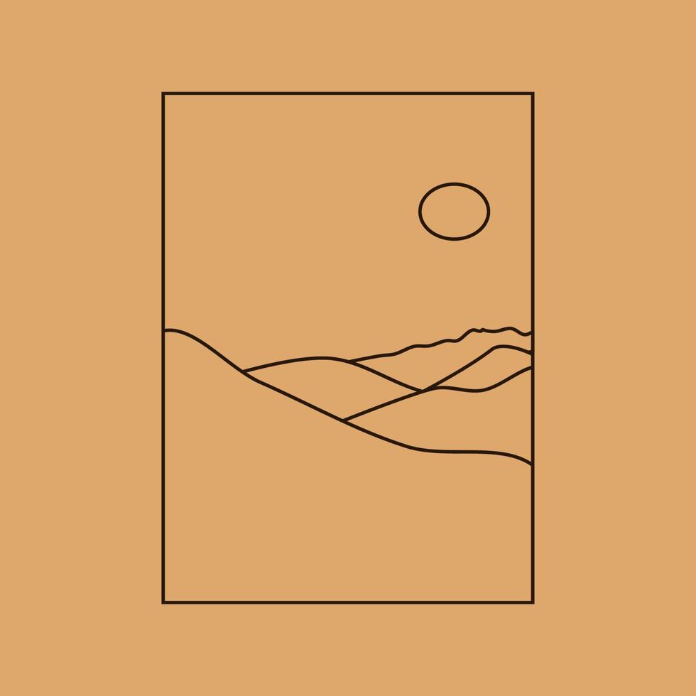 vektor enkel illustration i enkel linjär stil, minimalistisk boho logotyp landskap med berg, kulle och sol.