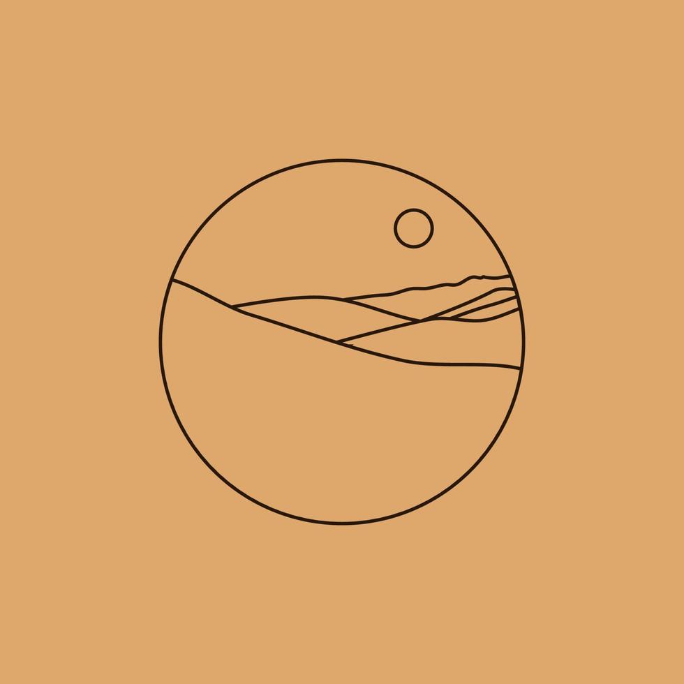 Vektor einfache Illustration im einfachen linearen Stil, minimalistische Boho-Logo-Landschaft mit Berg, Hügel und Sonne.