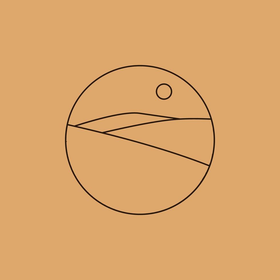 Vektor einfache Illustration im einfachen linearen Stil, minimalistische Boho-Logo-Landschaft mit Berg, Hügel und Sonne.