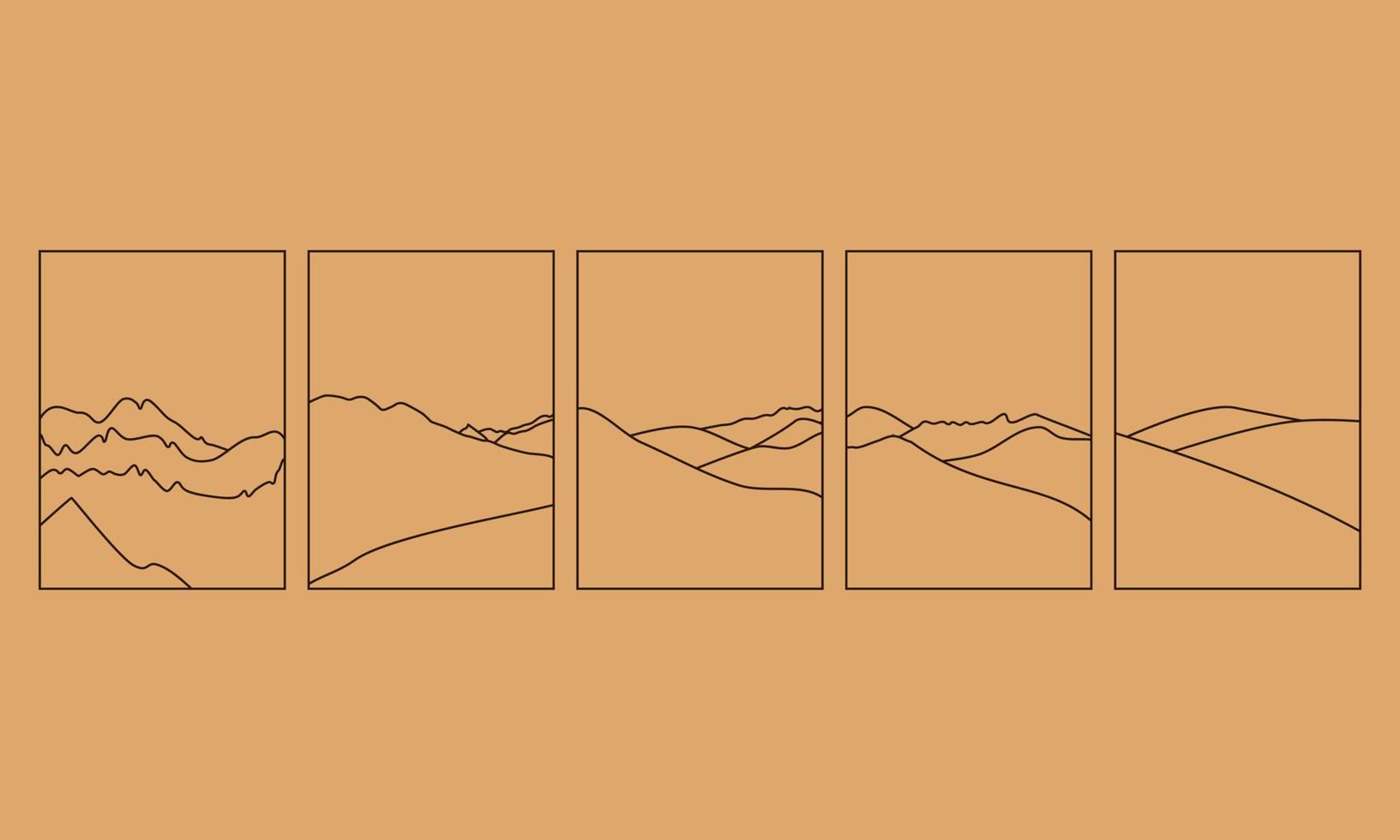 uppsättning enkel vektorillustration i enkel linjär stil, minimalistisk boho-logotyplandskap med berg, kulle och sol. vektor
