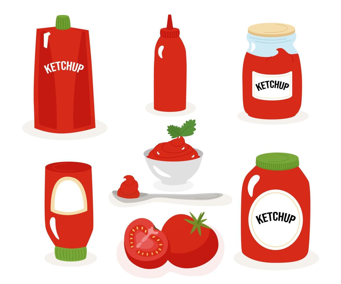 ketchup verschiedene verpackungsarten, glas, glas, flasche, beutel mit boden, soßenspender, schüssel, löffel. vektorillustrationen in einem flachen karikaturstil. für Etiketten, Design, Banner, Werbung vektor