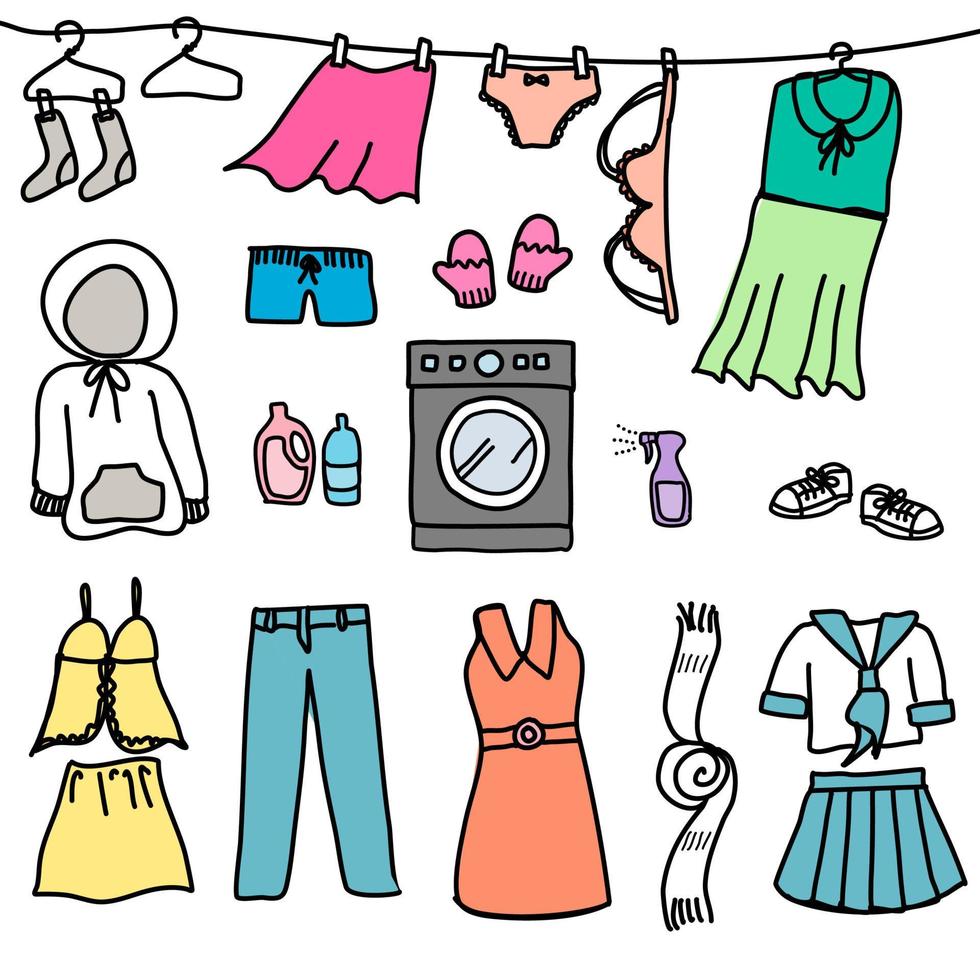 en uppsättning doodle ritstil om tvätt isolerad på vit bakgrund. det finns en tvättmaskin i centrum och olika kläder runt omkring i färgglad pastell. vektor