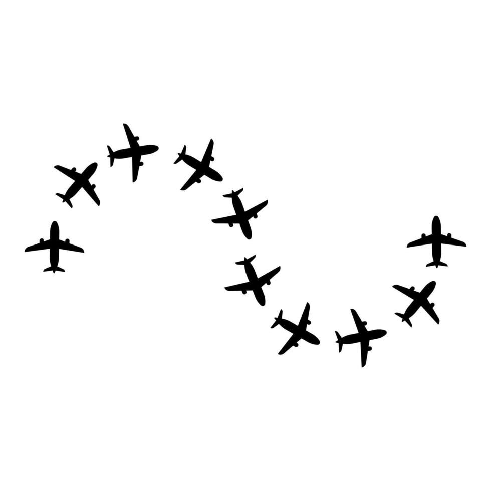 Route von Flugzeugen Flug Tourismus Pfad Flugzeug Flüge Abenteuer Zeit Konzept Reiseroute Fliegen Symbol Farbe schwarz Vektor Illustration Bild flachen Stil