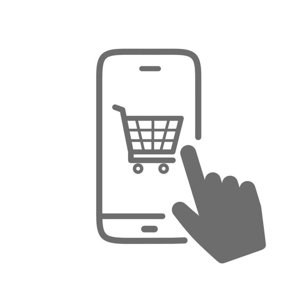 Online-Shopping-Icon-Linienvektor. Shopping-Symbol über Handy isoliert auf weißem Hintergrund. vektor