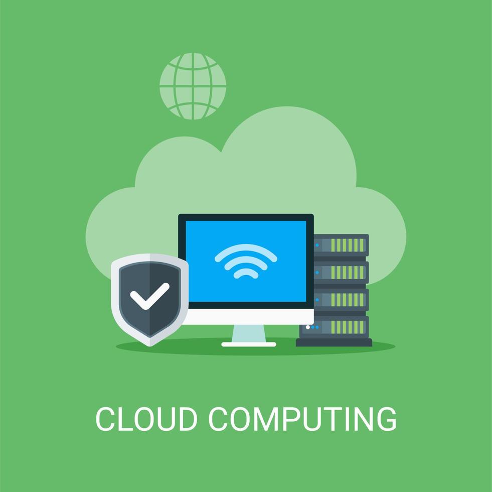 Cloud-Computing-Vektor-Illustrationskonzept im flachen Stil. Wolke, Computer, Schild, Datenbank, Serversymbol für viele Zwecke geeignet. vektor