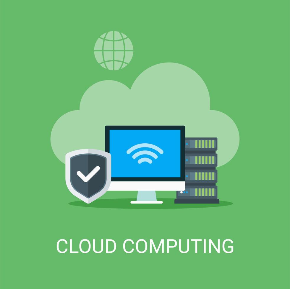 cloud computing vektor illustration koncept i platt stil. moln, dator, sköld, databas, serverikon lämplig för många ändamål.