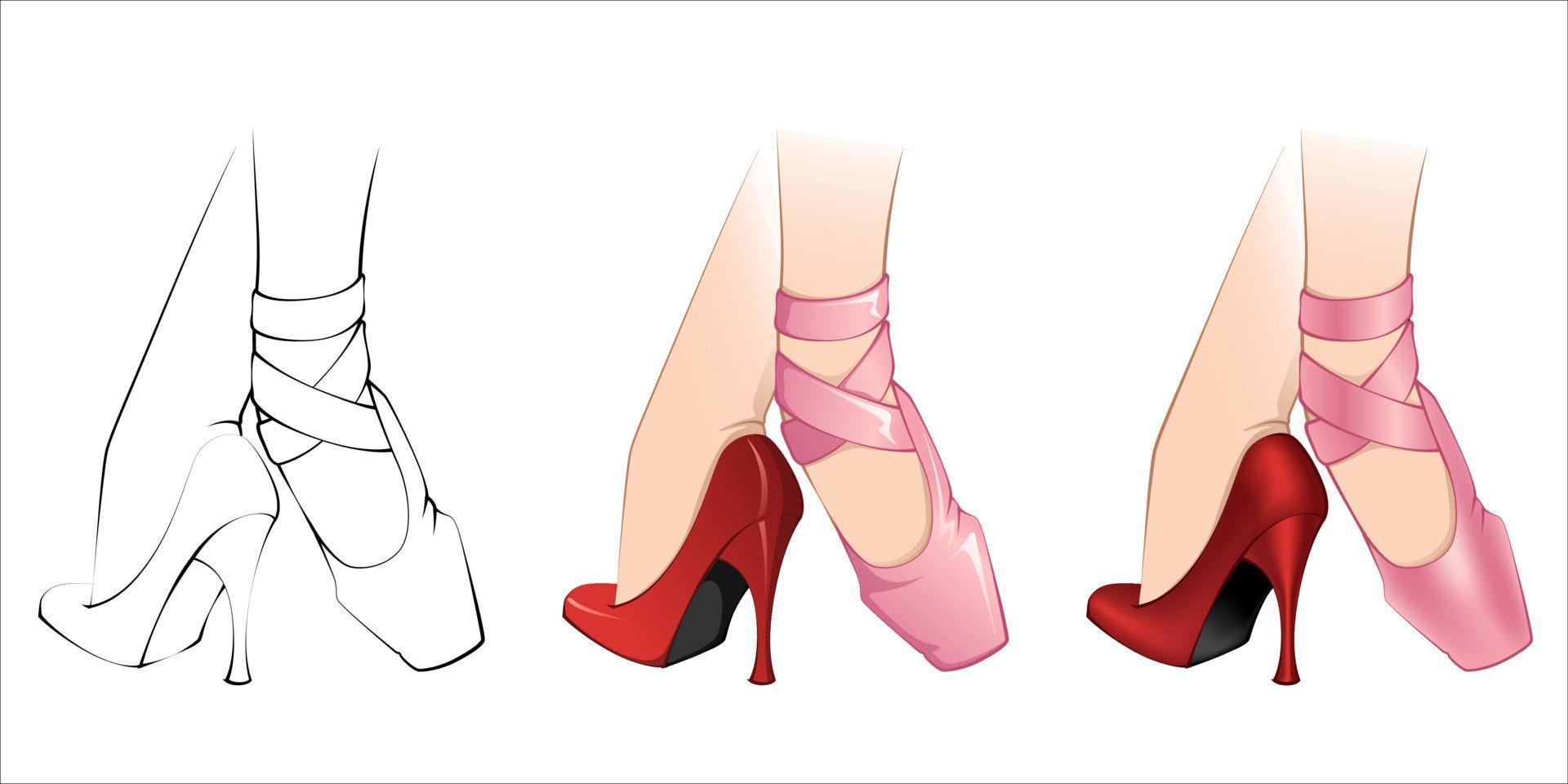 Ballerina Life 01 - Ballerinafüße, die einen rosafarbenen Spitzenschuh und einen roten Schuh mit hohen Absätzen tragen. Strichzeichnungen, Vektor- und Maschenverlauf vektor