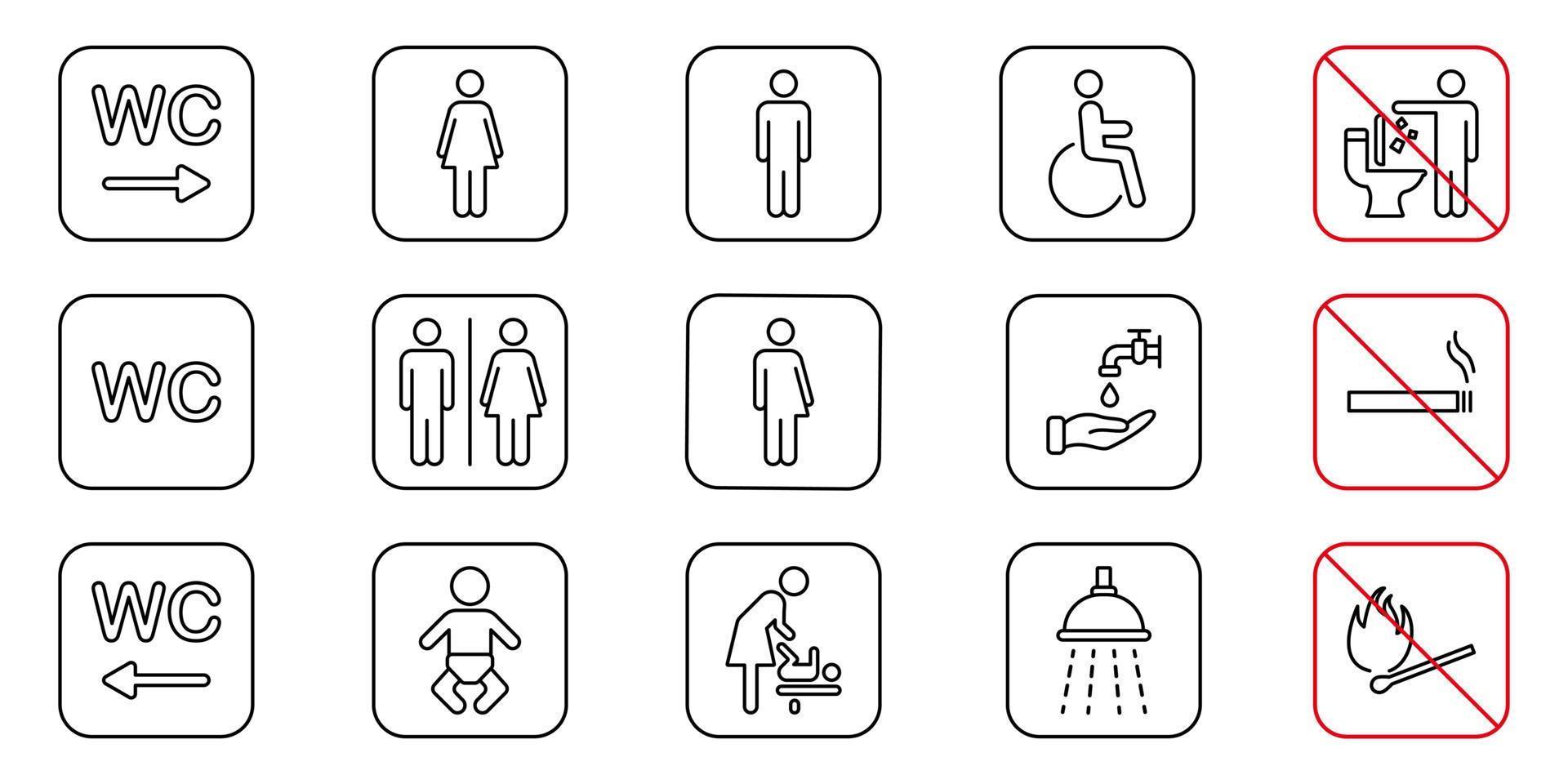 Symbol für die Toilettenraumlinie. Satz WC-Schild. mutter- und babyraumumrisspiktogramm. öffentlicher Waschraum für Behinderte, Männer, Frauen, Transgender. Rauchverbotsschild. Vektor-Illustration. vektor