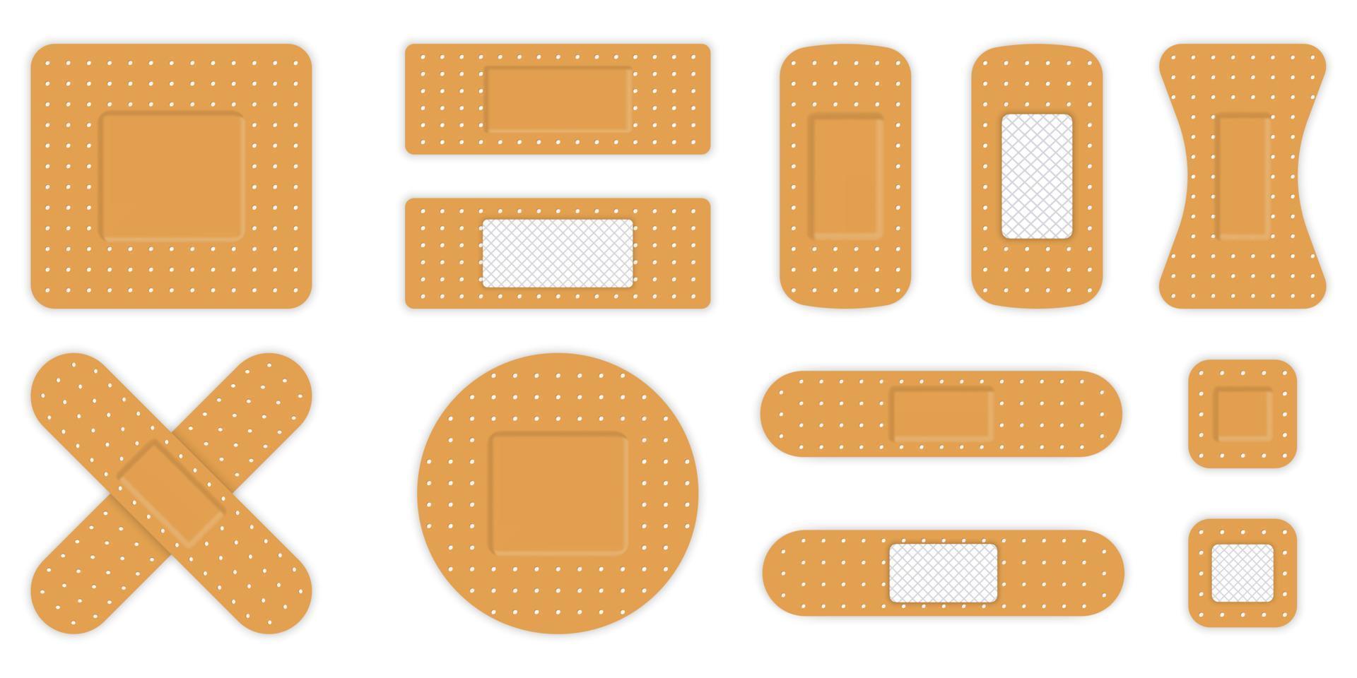 Medizinische Bandpflaster Erste Hilfe. haftende elastische Bandage Gesundheitsbehandlung. Aufkleber Patch für Wundschutz, Verletzungsset. Verbandstreifen, Kreuz, quadratische Pflaster. isolierte Vektorillustration. vektor