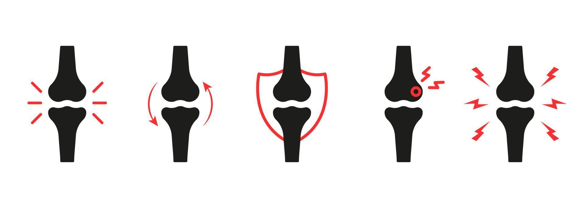 knäsmärta siluett Ikonuppsättning. ont i knä, hand, benskelett. skelettsmärta, skada och inflammation. artrit, osteoporos och ben ledsjukdom ikon. isolerade vektor illustration.