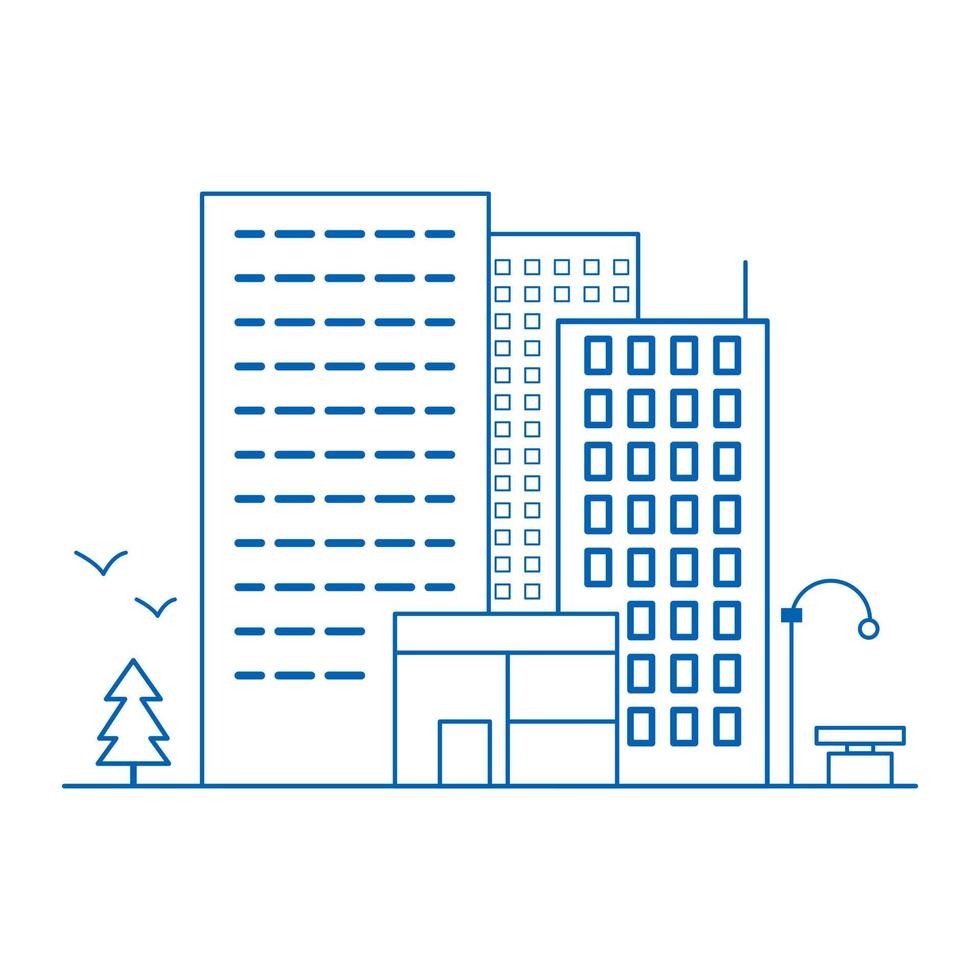 Symbole für Gebäudezeilen. Stadtsymbol auf weißem Hintergrund. großer Apartment-Stadtkomplex mit kompletter Infrastruktur vektor
