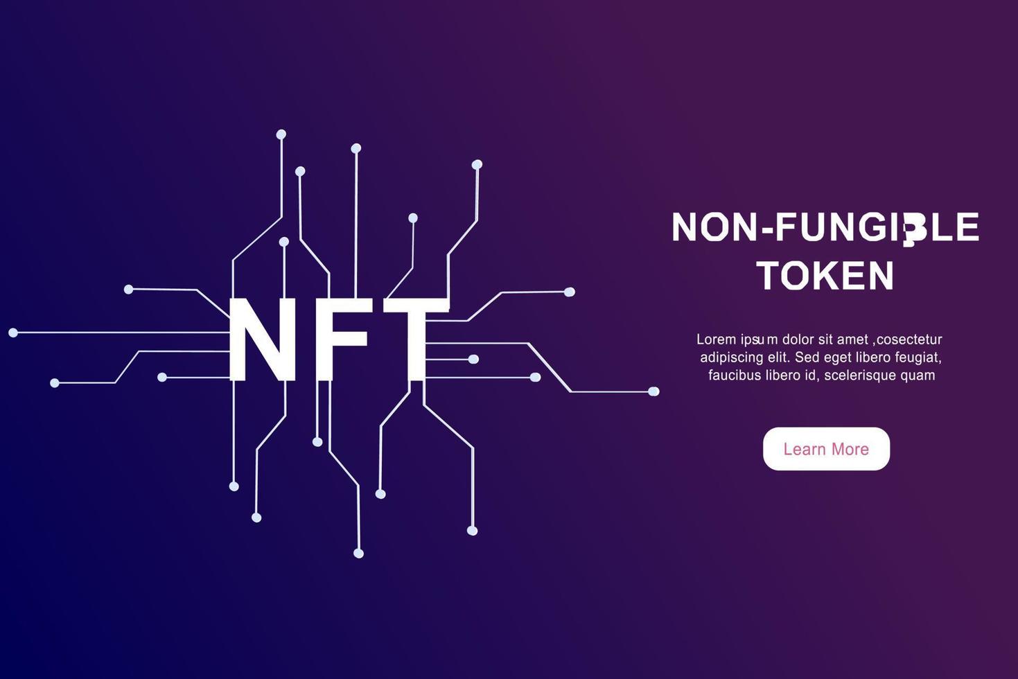 nft icke-fungibel token infographic med linjer och prickar nätverk på mörk bakgrund. betala för unika samlarföremål i spel eller konst. platt vektorillustration av nft med blockchain-teknik för banner. vektor