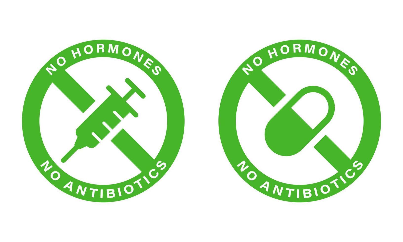 icke tillsatt antibiotika, hormonikon. ekologisk, hälsosam, naturlig, certifierad, ingen antibiotikamärkning. mat utan hormoner och antibiotika grönt tecken. isolerade vektor illustration.