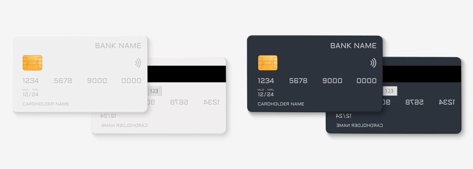vitt och svart plast kreditkort. realistisk mock up av bankkort med gyllene chip. mall av plastkort fram och bak. begreppet affärsbetalning pengar. isolerade vektor illustration.